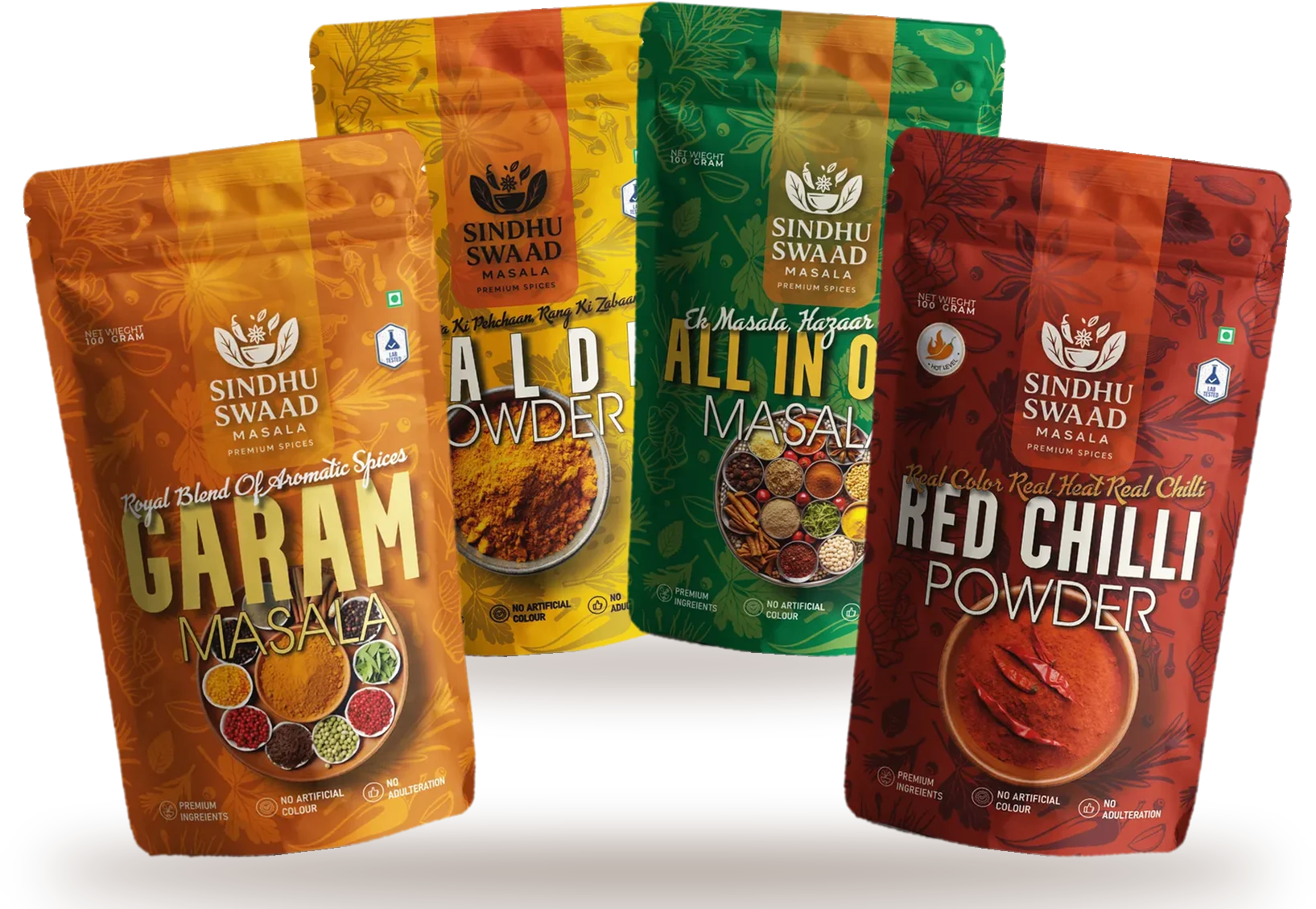 Sindhu Swaad Garam Masala, Haldi, All-in-One Masala and Red Chilli Powder pouches